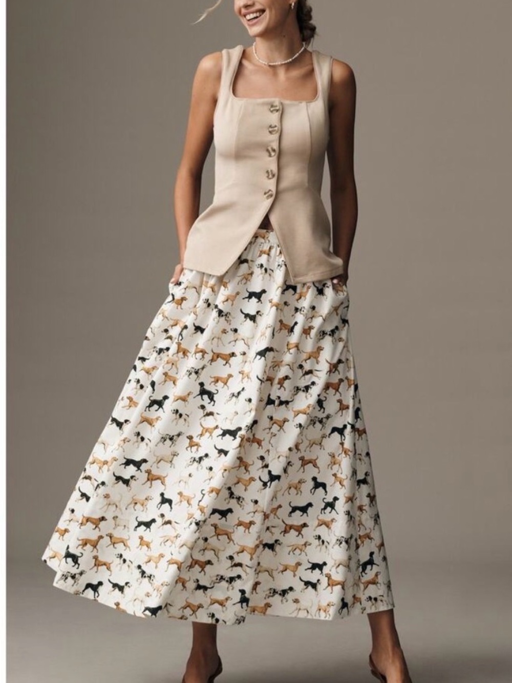 Anthropologie Cream Midi Skirt with Black and Tan dog  Print